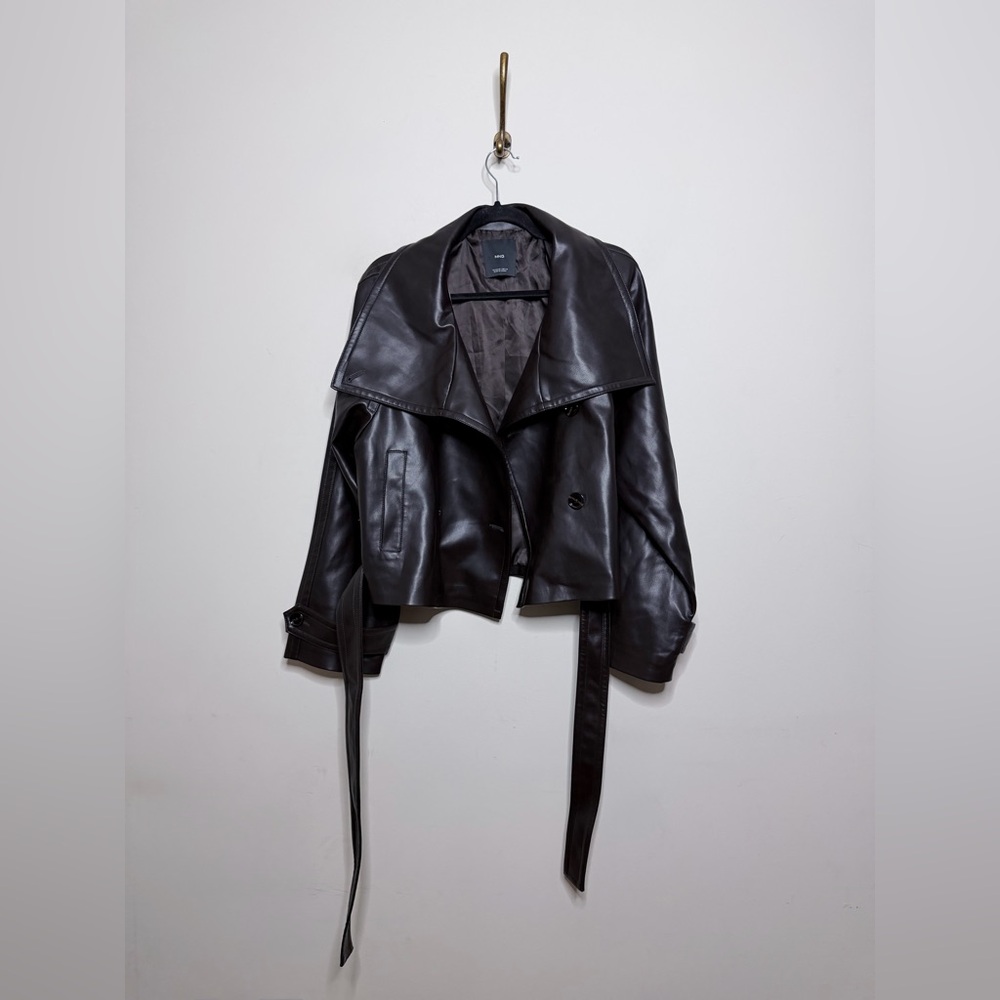MANGO Faux Leather Belted Jacket in Maroon - Picture 5 of 7
